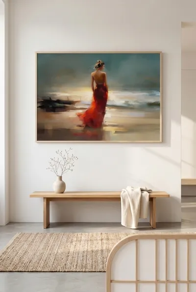 Interieurvoorbeeld: De vrouw op het strand in de rode jurk