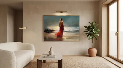 Interieurvoorbeeld: De vrouw op het strand in de rode jurk