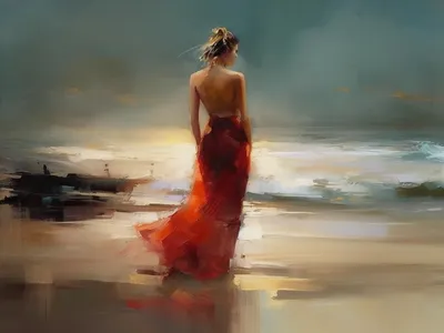 Wandkunst: De vrouw op het strand in de rode jurk