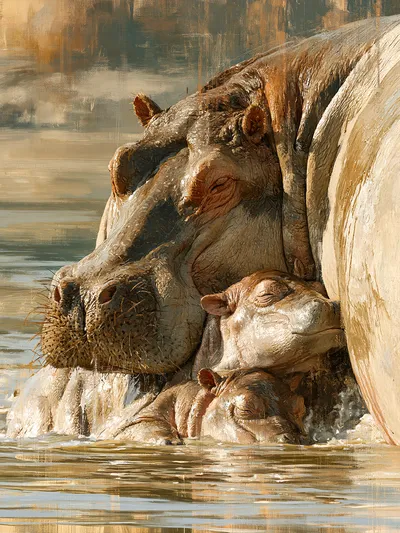 Wandkunst: Nijlpaarden: geborgenheid in de gouden rivier