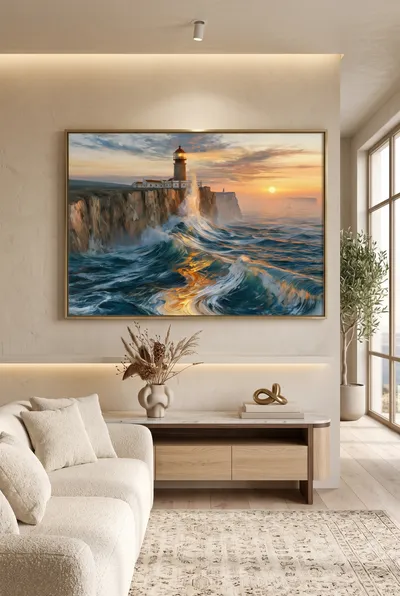 Interieurvoorbeeld: Vuurtoren aan een stormachtige zee