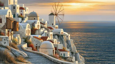 Wandkunst: Mediterraan klifdorp in warm avondlicht