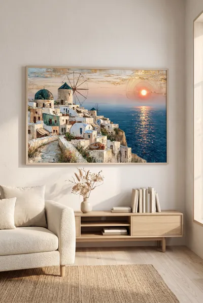 Interieurvoorbeeld: Mediterraan kustdorp bij zonsondergang
