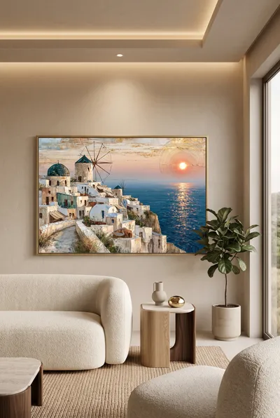 Interieurvoorbeeld: Mediterraan kustdorp bij zonsondergang