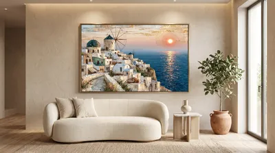 Interieurvoorbeeld: Mediterraan kustdorp bij zonsondergang