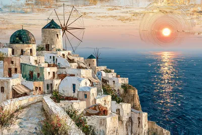 Wandkunst: Mediterraan kustdorp bij zonsondergang