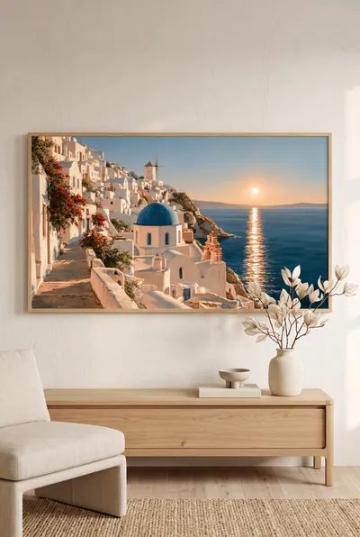 Interieurvoorbeeld: Santorini: kustdorp met blauwe koepel