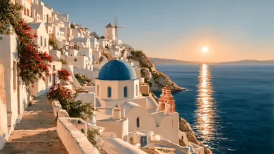Wandkunst: Santorini: kustdorp met blauwe koepel