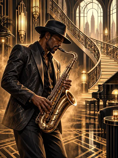 Wandkunst: Saxofoon in goudlicht: de luxe van een ogenblik
