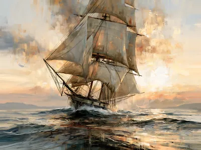 Wandkunst: Zeilschip op woelige zee bij zonsondergang