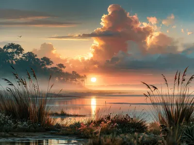Wandkunst: Zonsondergang aan de met mist gehulde rietoever
