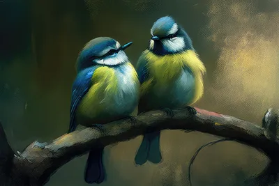 Wandkunst: Vogelpaar: flirtende pimpelmezen